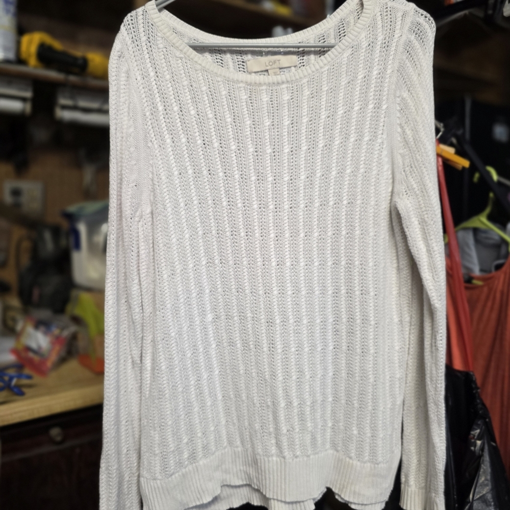 LOFT Textured Knit Crew Neck Sweater in Cream